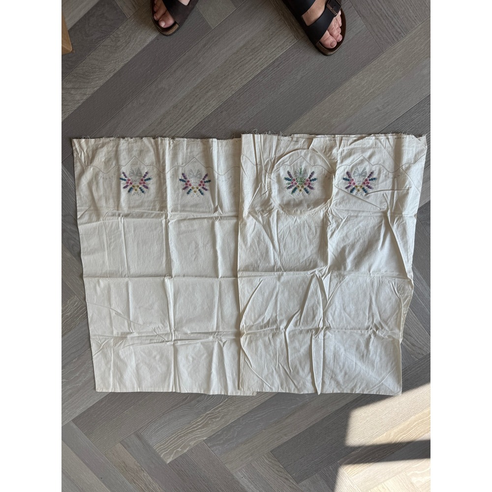 Vintage Pillowcase Pair Hand Embroidered Floral Bow White Linens Grandmacore